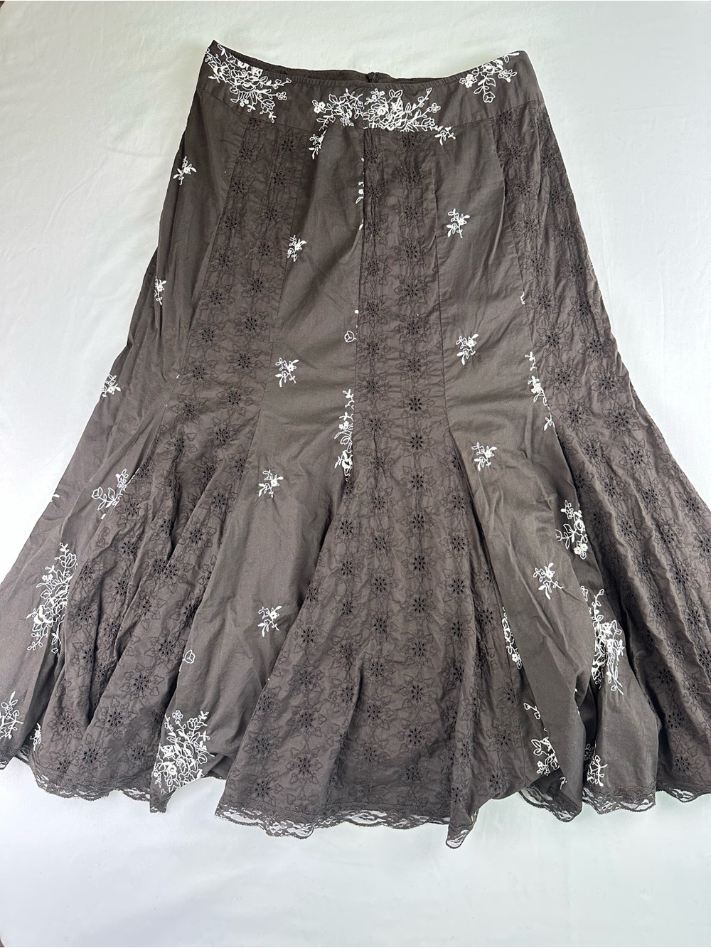 Vintage Y2K Boho Embroidered Cotton Maxi Skirt Goth Fairy Core Peasant Brown 10